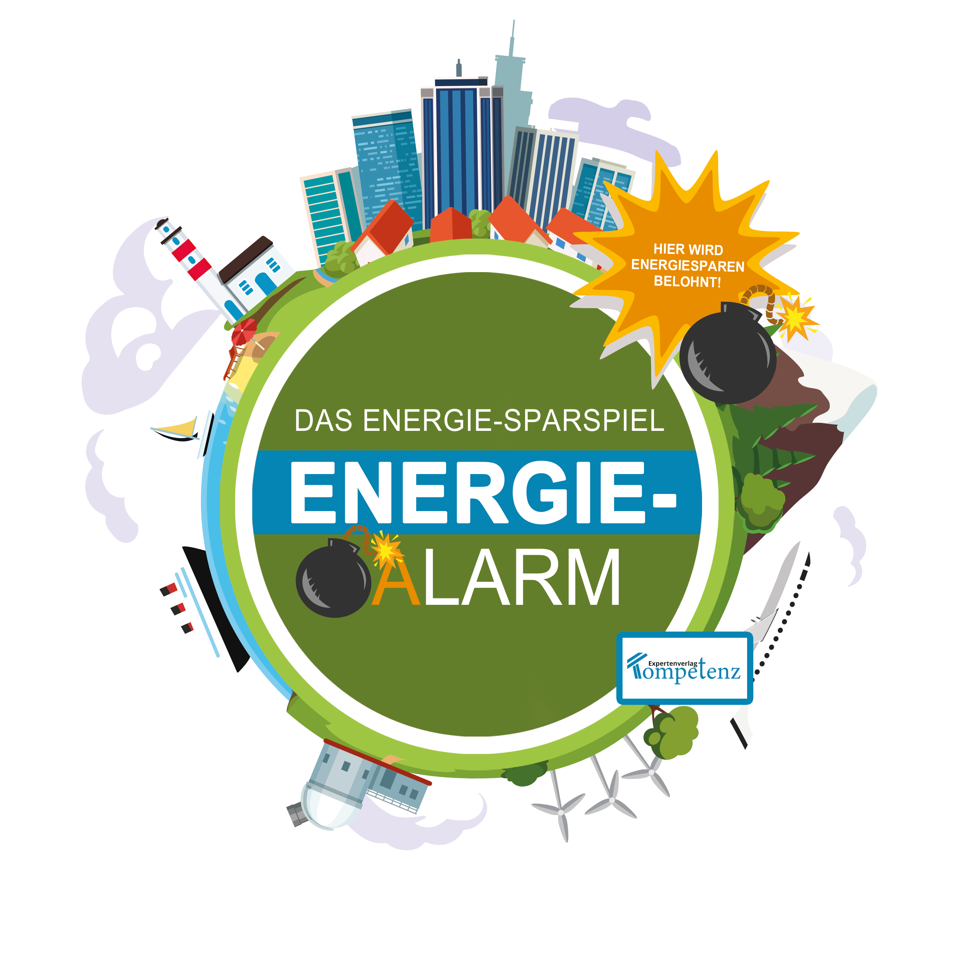 Logo Energiesparspiel: grüner Kreis als Weltkugel mit Häusern, Schiff, Flugzeug, Bergen und Wolken