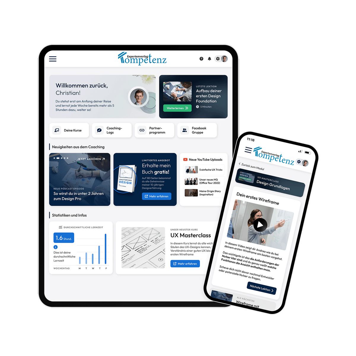 Tablet und Smartphone mit geöffnetem Startscreen der Lernplattform von Kompetenz – Der Expertenverlag